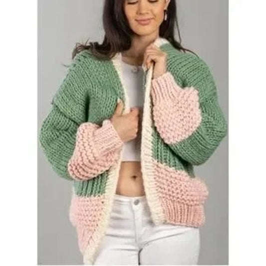 Saachi Anthropologie Hand Knit Chunky Cardigan Colorblock Sweater Green Pink O/S