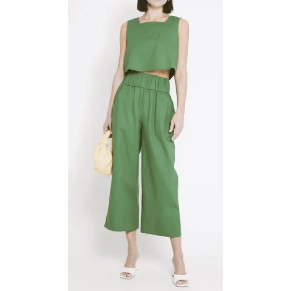 Kourt Willow Cropped Tank Top and Wide Leg Linen Pants Set Green Medium