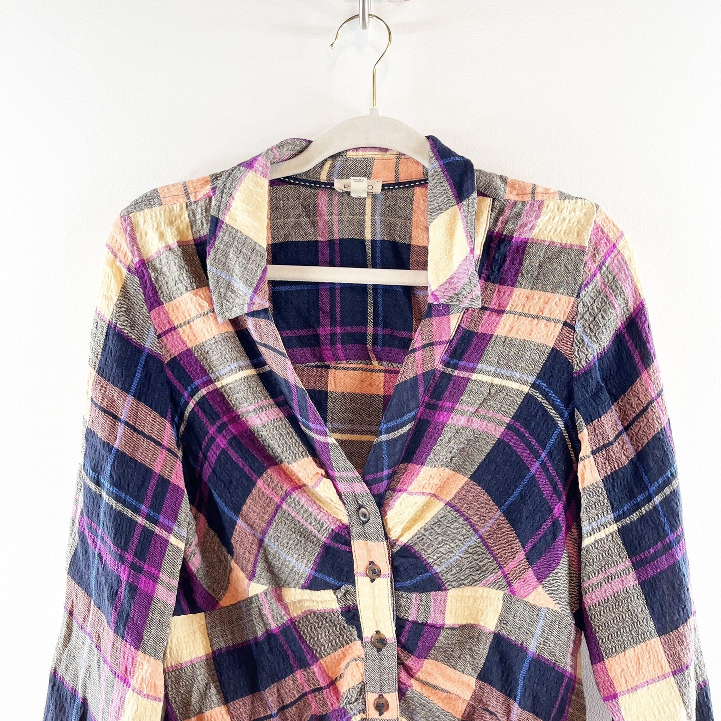 Anthropologie Pilcro Ruched Deep V Plaid Buttondown Shirt Purple Medium