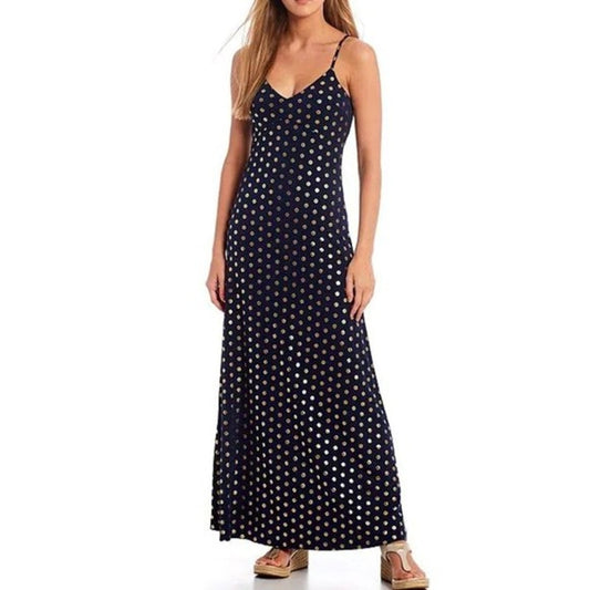 Michael Kors Medallion Foil Print Sleeveless Maxi Dress Navy Blue Gold Medium