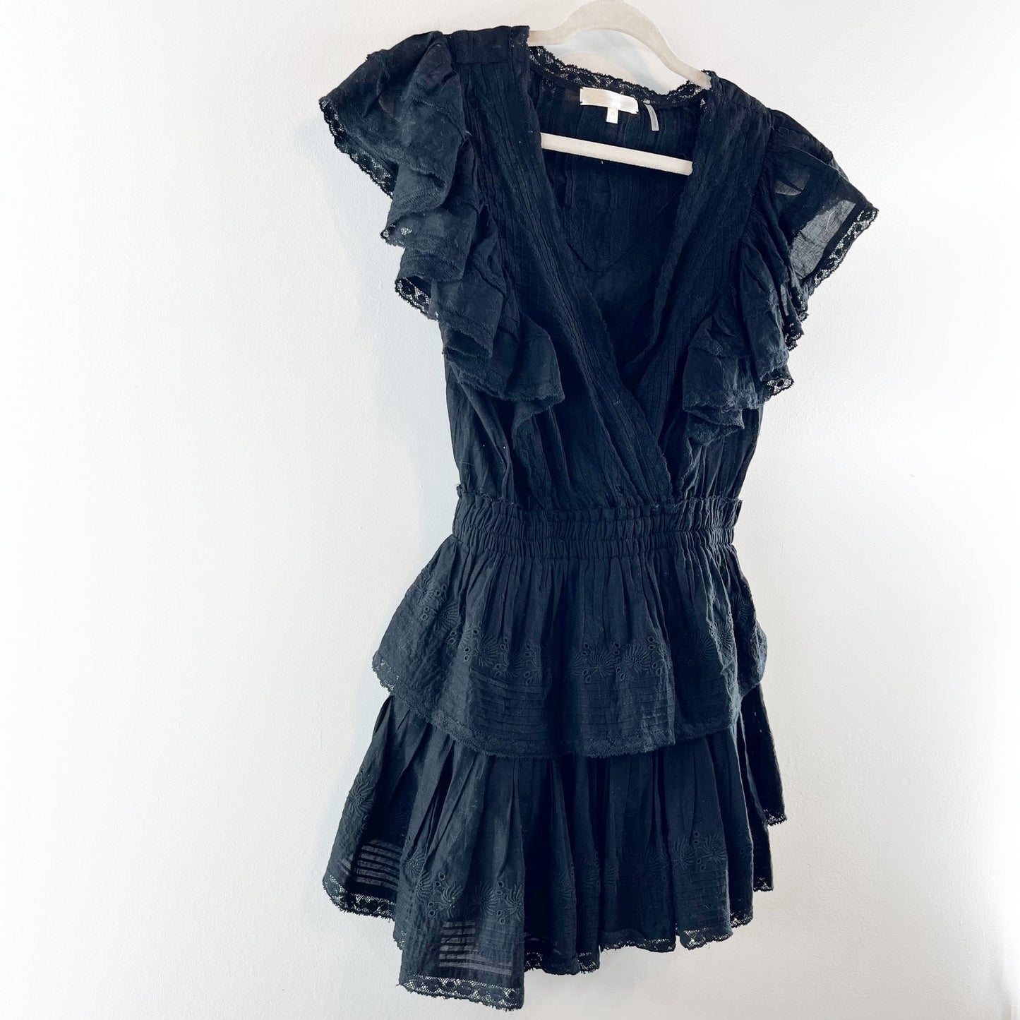 LoveShackFancy Gwen Heritage Ruffle Lace Mini Dress Black XS