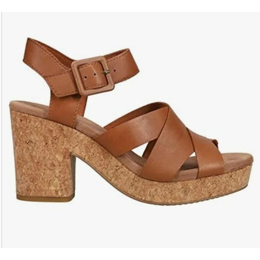 TOMS Ava Cork Block Heel Leather Sandals Brown 8.5