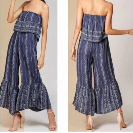 American Eagle Outfitters Strapless Ruffle Trim Wide Leg Jumpsuit Blue Medium