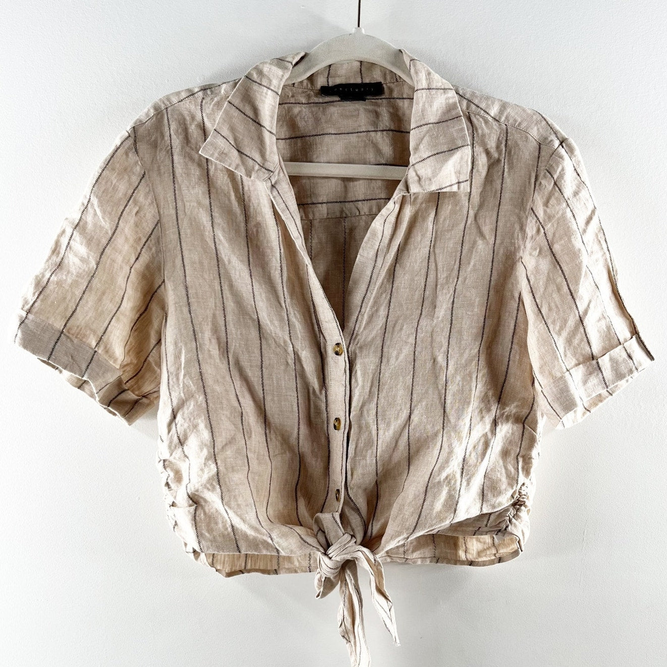 Sanctuary Short Sleeve Button Up Crop Top Wide Leg Linen Pants Set Tan Beige XS