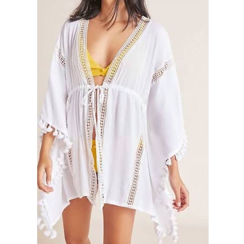 Michael Stars Honeymoon Caftan Cover-Up Mini Dress Tassel Trim White One Size