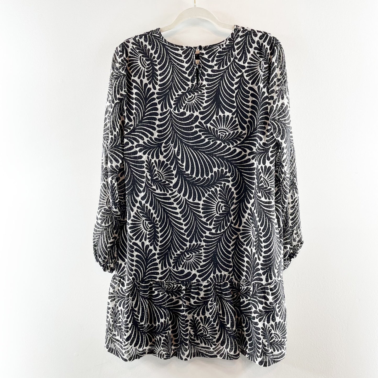 LOFT Fern Printed Flounce Long Sleeve Mini Swing Dress Black Medium Petite