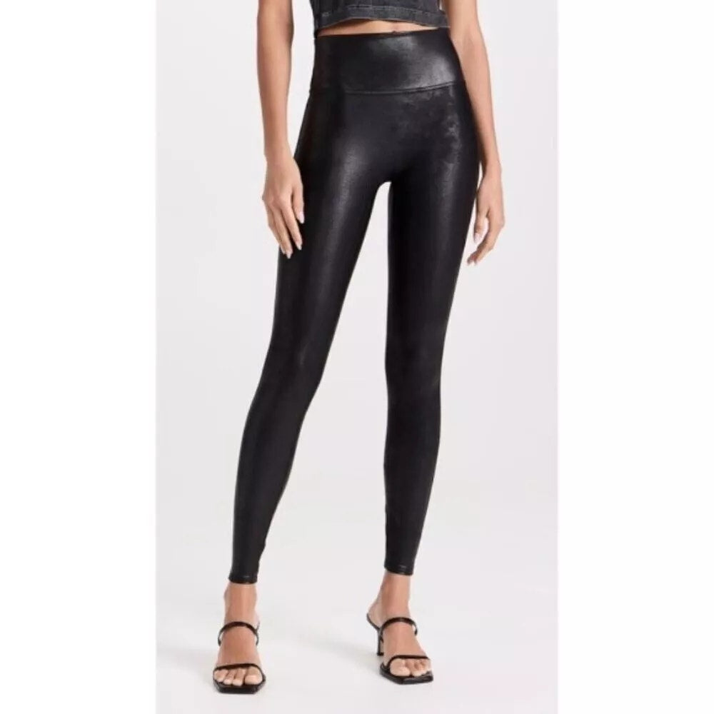 Spanx Faux Leather Pull On High Rise Shaping Skinny Ankle Leggings Black Medium