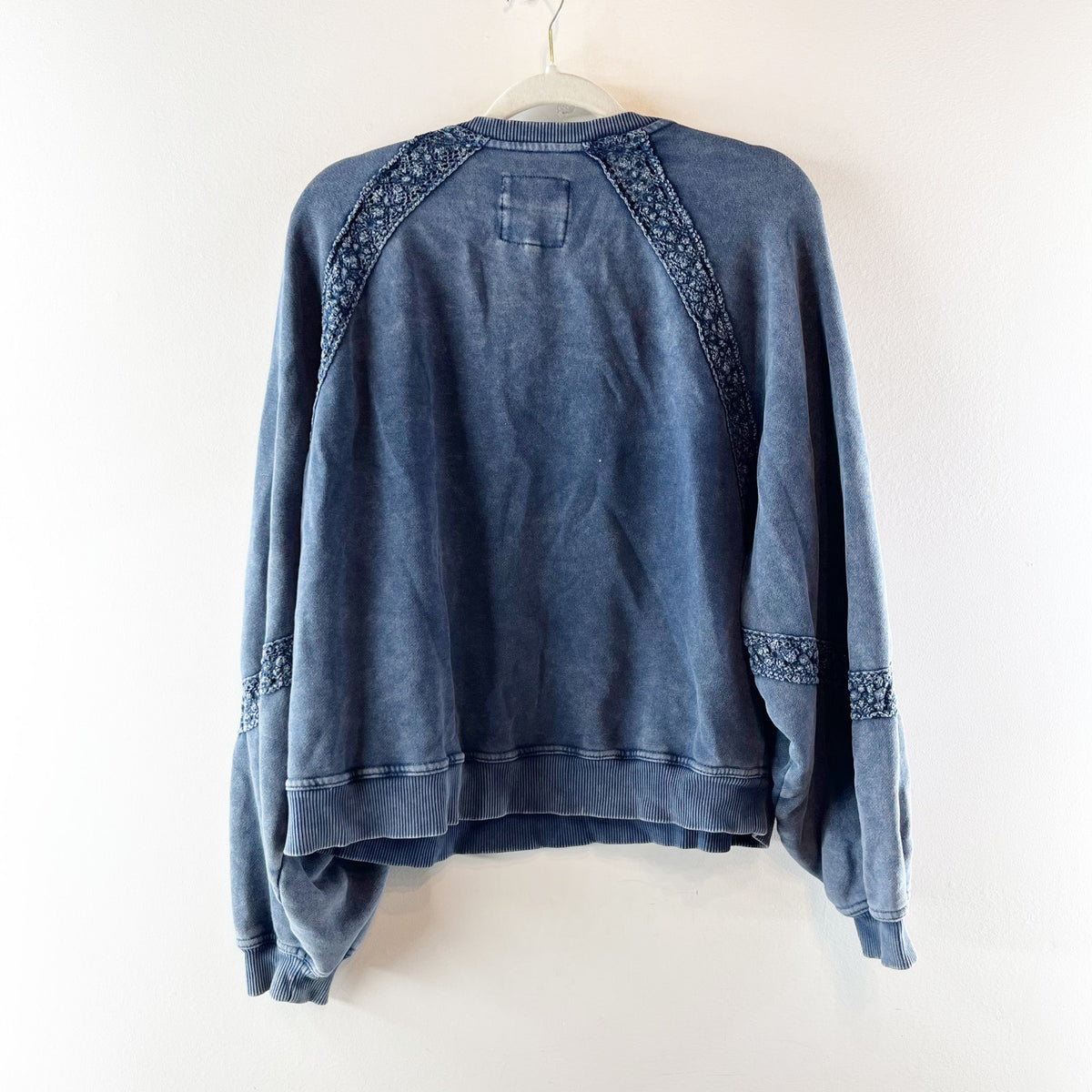 Aerie Mineral Wash V Neck Crochet Trim Oversized Sweatshirt Blue Medium
