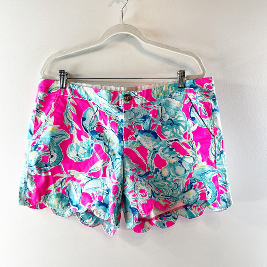 Lilly Pulitzer Buttercup Scalloped Hem 5" Mid Rise Shorts Teal Blue Pink 14