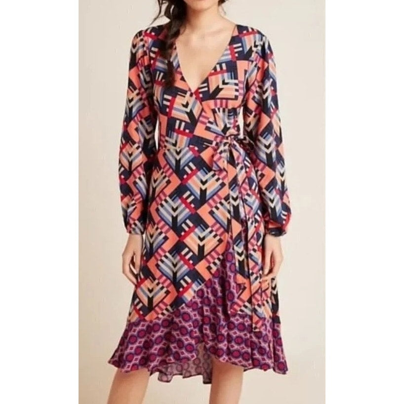 Porridge Anthropologie Amity Long Sleeve Printed Wrap Midi Dress Purple Orange