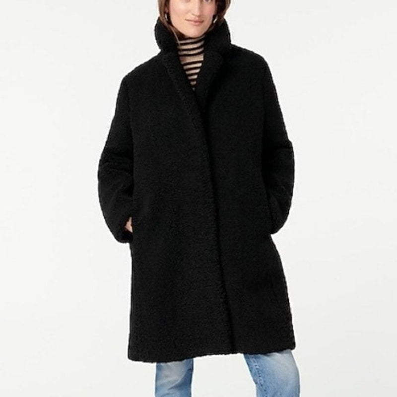 J. Crew Teddy Sherpa Topcoat Peacoat Mid Length Black Large