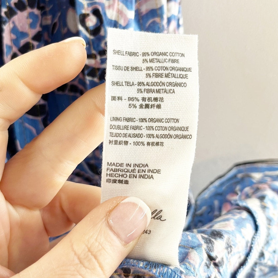 Cleobella Autumn Belted Ruffle Sleeve Midi Dress Paisley Print Blue Medium