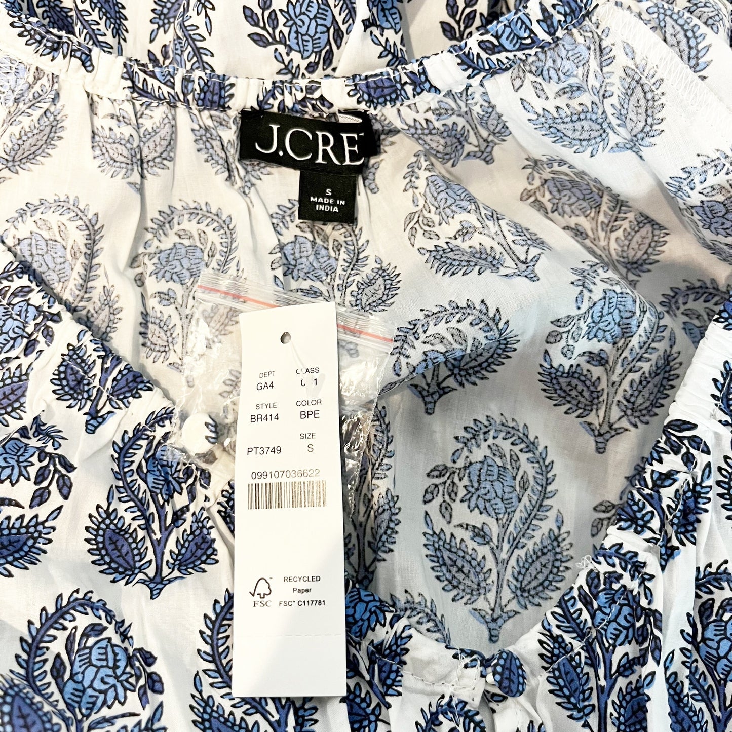J. Crew 3/4 Sleeve Mini Cotton Dress in Bouquet Block Print Blue White Small