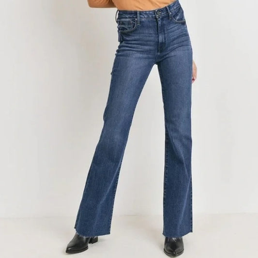 Just Black Denim The High Rise Fall Flare Raw Hem Dark Wash Jeans Blue 27