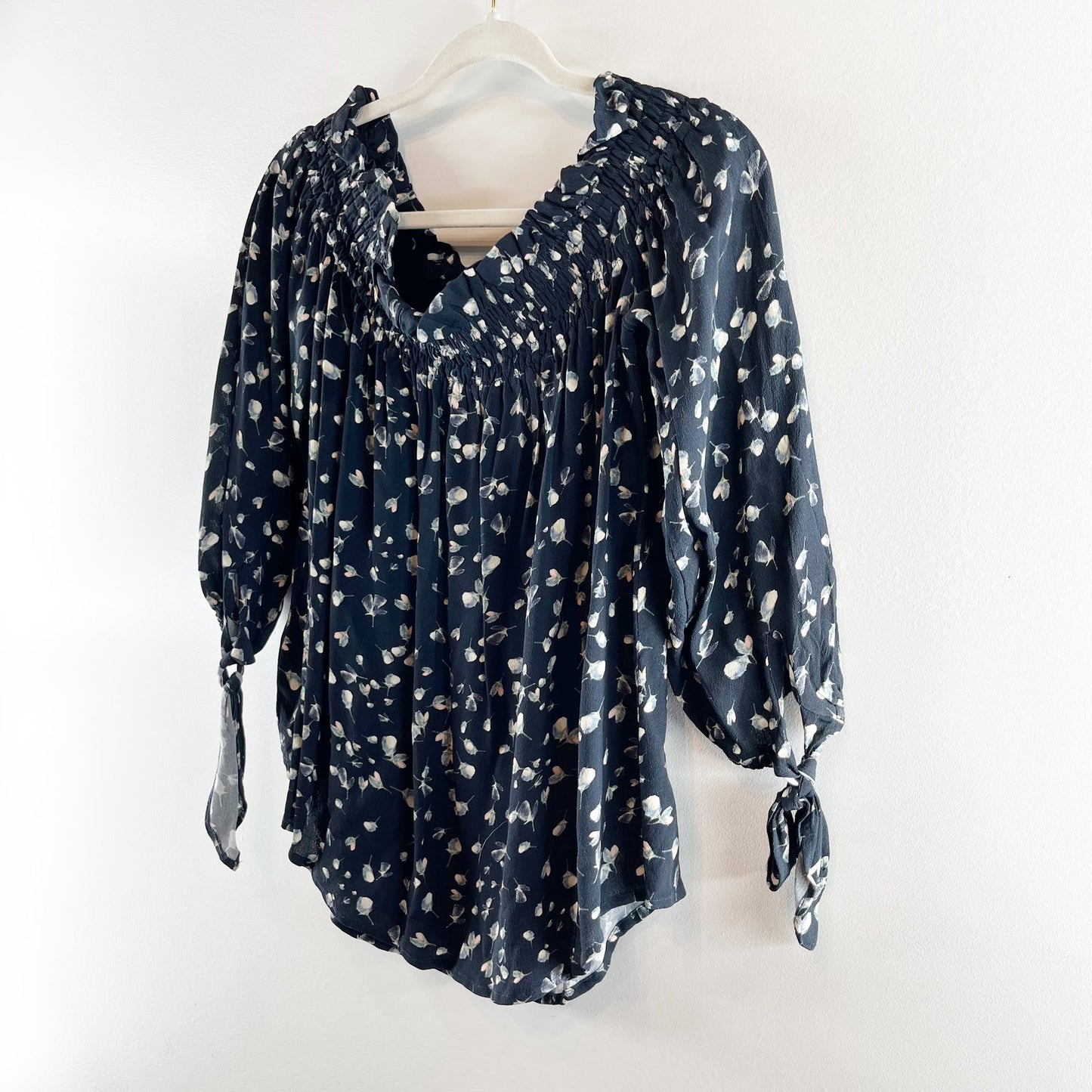 Beach Riot Floral 3/4 Sleeve Smocked Off The Shoulder Blouse Top Dark Blue Small