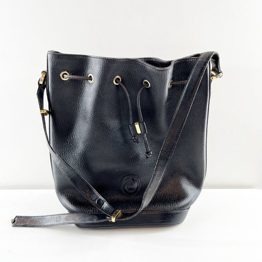 Mark Cross New York Pebbled Leather Cinch Drawstring Bucket Bag Vintage Black