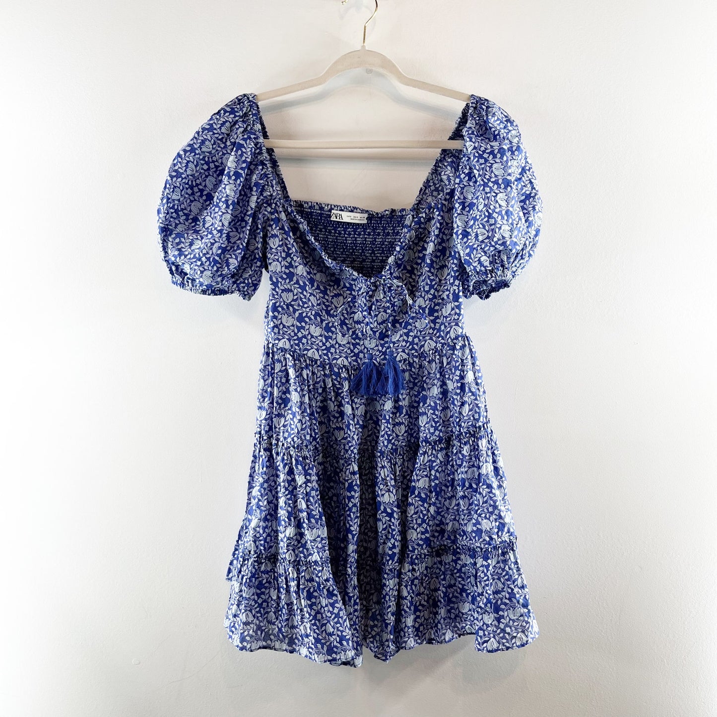 ZARA Printed Short Puff Sleeve Mini Babydoll Dress Blue Small