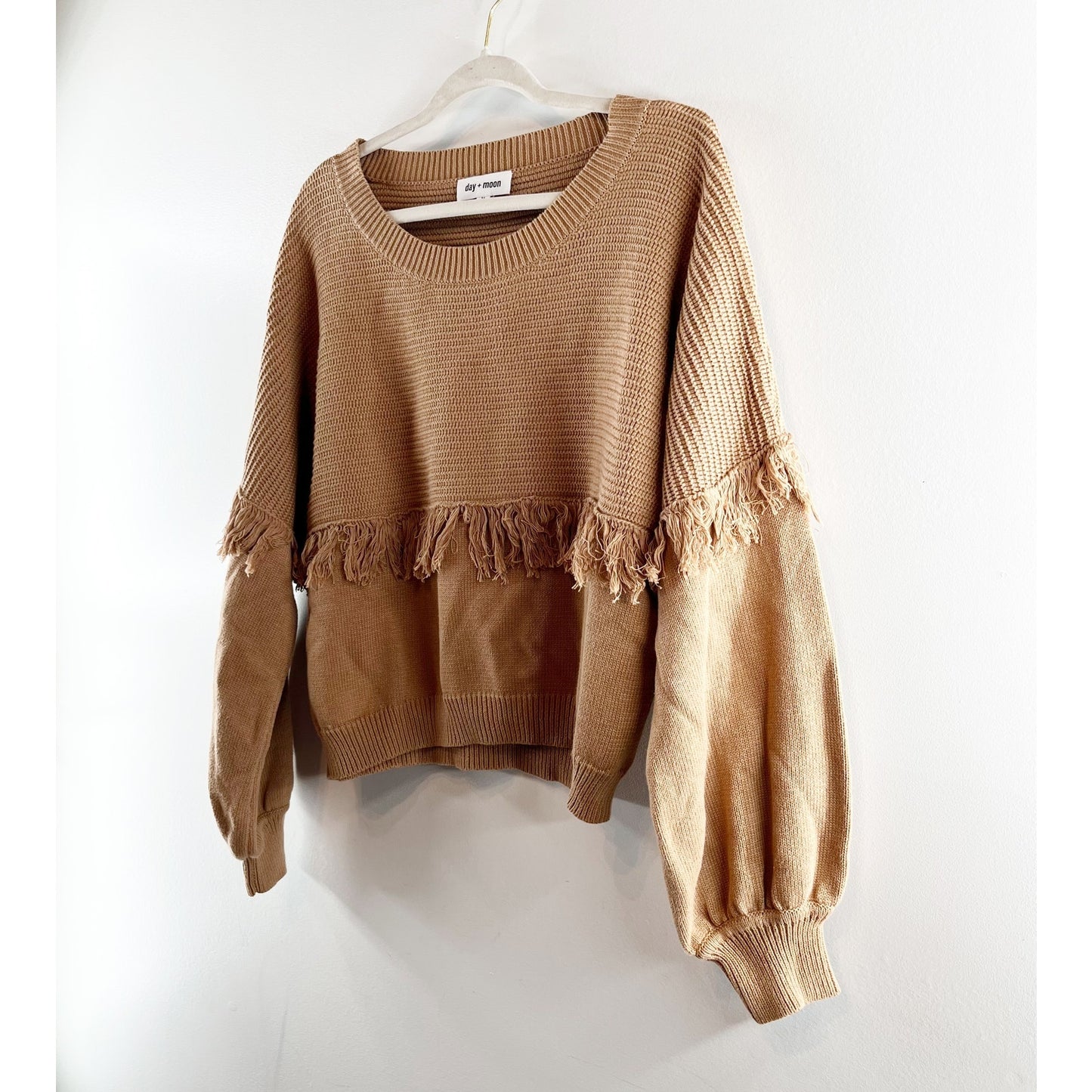 Day + Moon Olivia Crewneck Pullover Cotton Fringe Sweater Brown Large