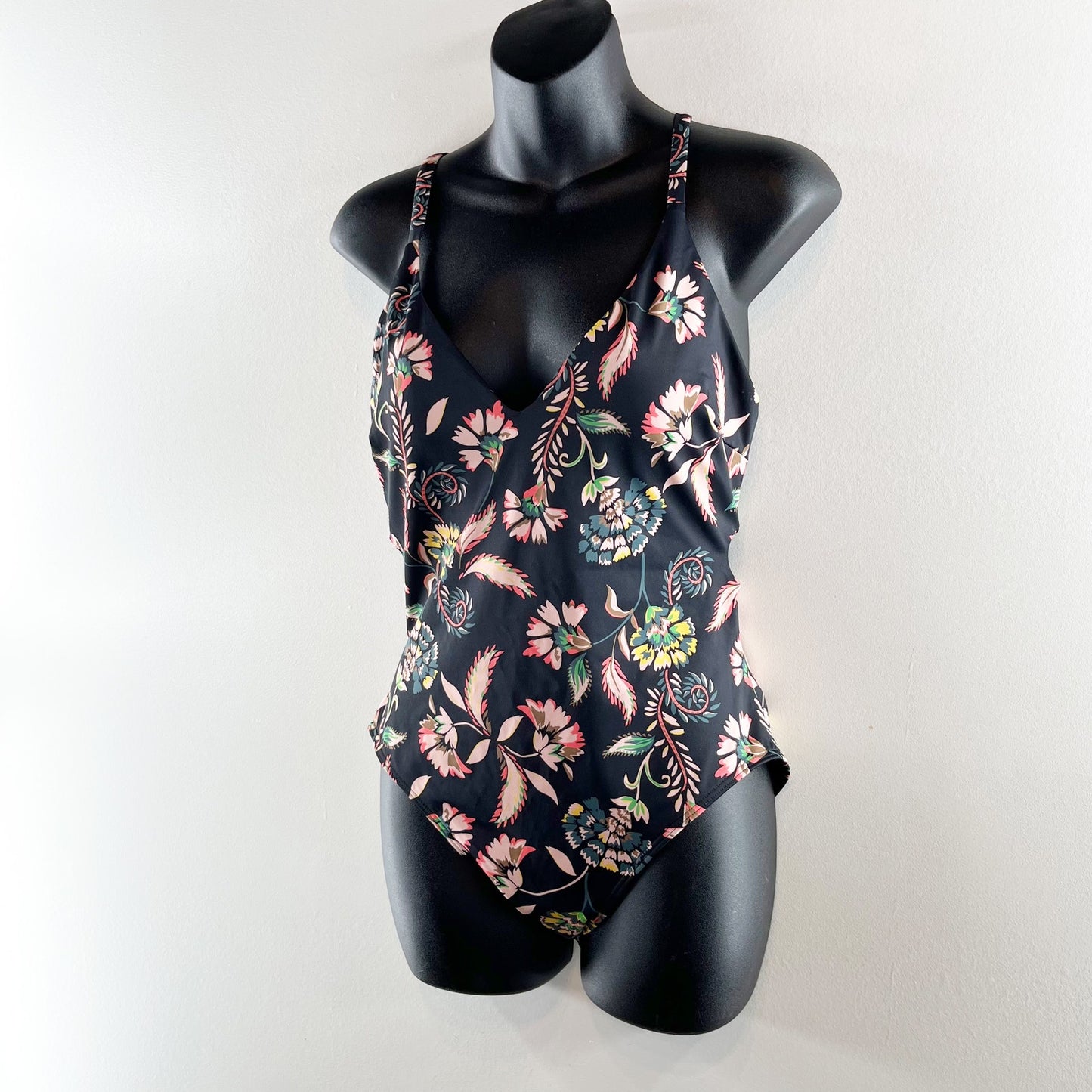 Boden Floral One Piece Low Strappy Back Swimsuit Black 6