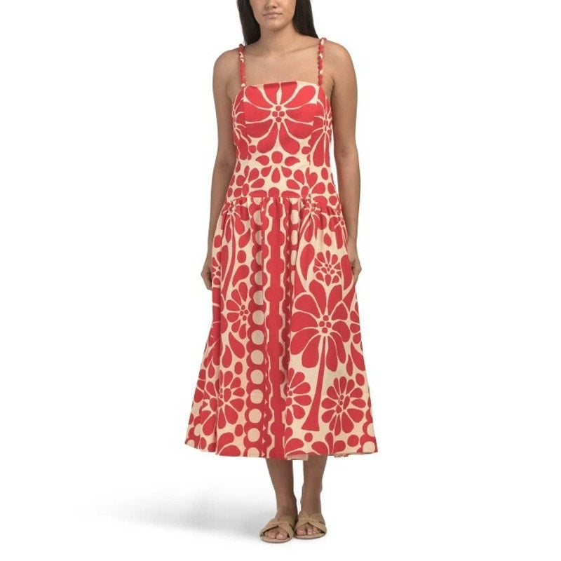 Christian Lacroix Linen Blend Floral Sleeveless Midi Dress Red Ivory 2