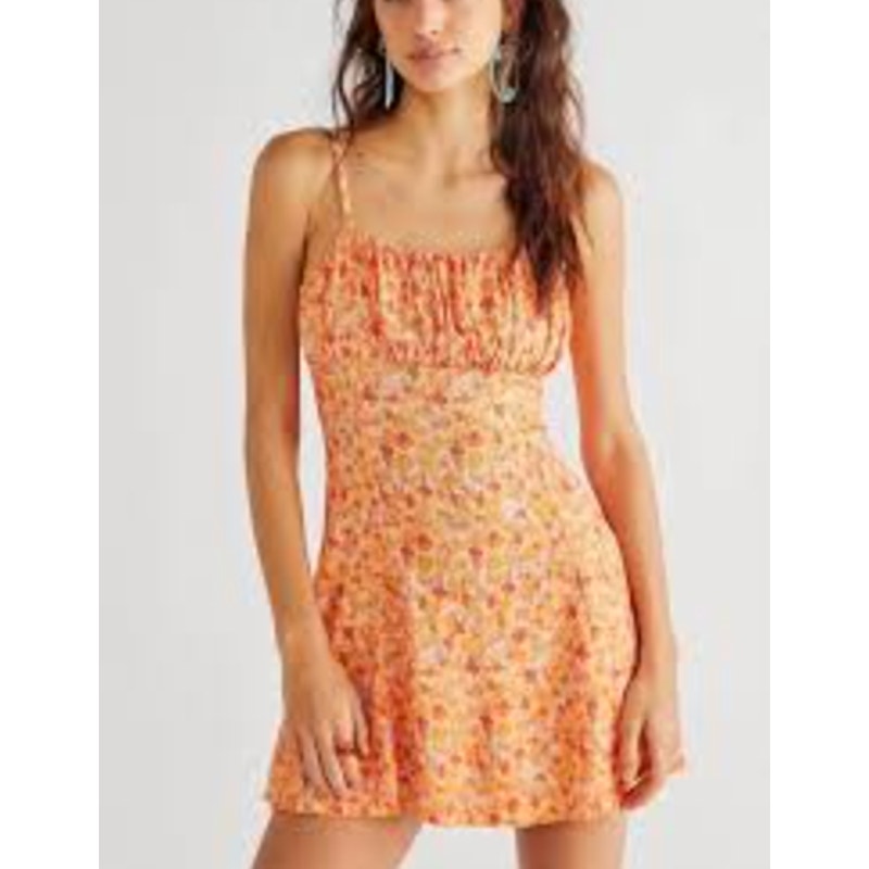Free People Jaime Floral Tie Back Mini Slip Dress Orange Large