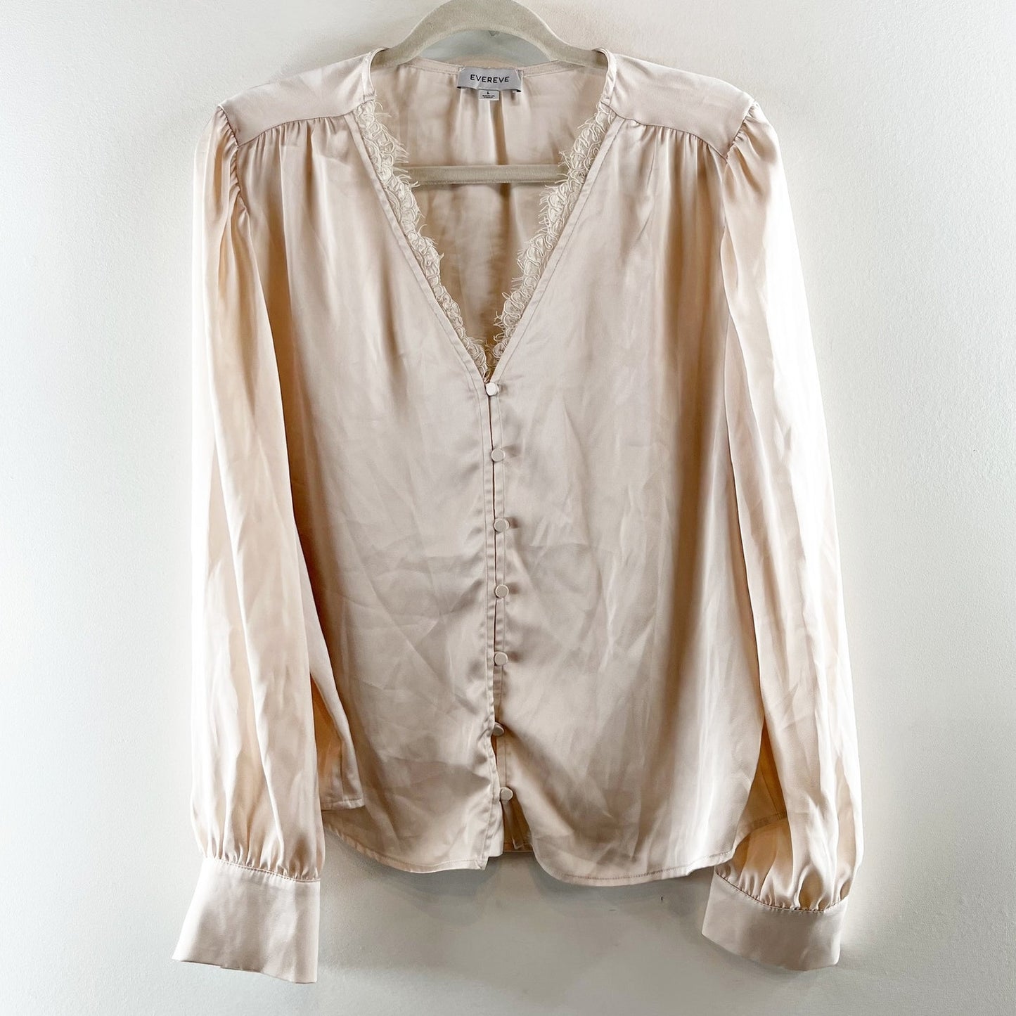 Evereve Ariella Lace Trim Long Sleeve Button Up Satin Blouse Top Champagne Large