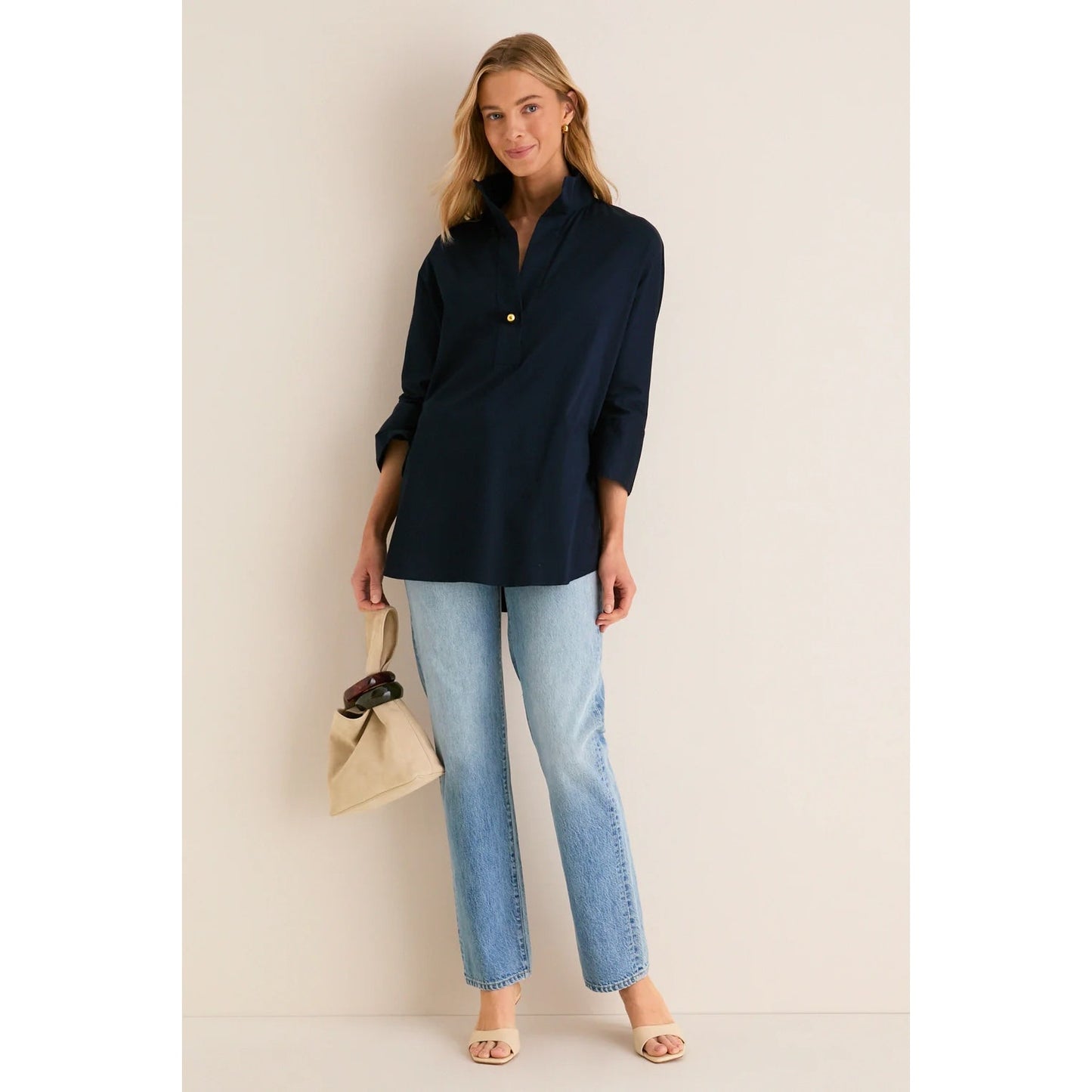 Tuckernuck Willow 3/4 Sleeve Tunic V Neck Blouse Top Shirt Navy Blue Small