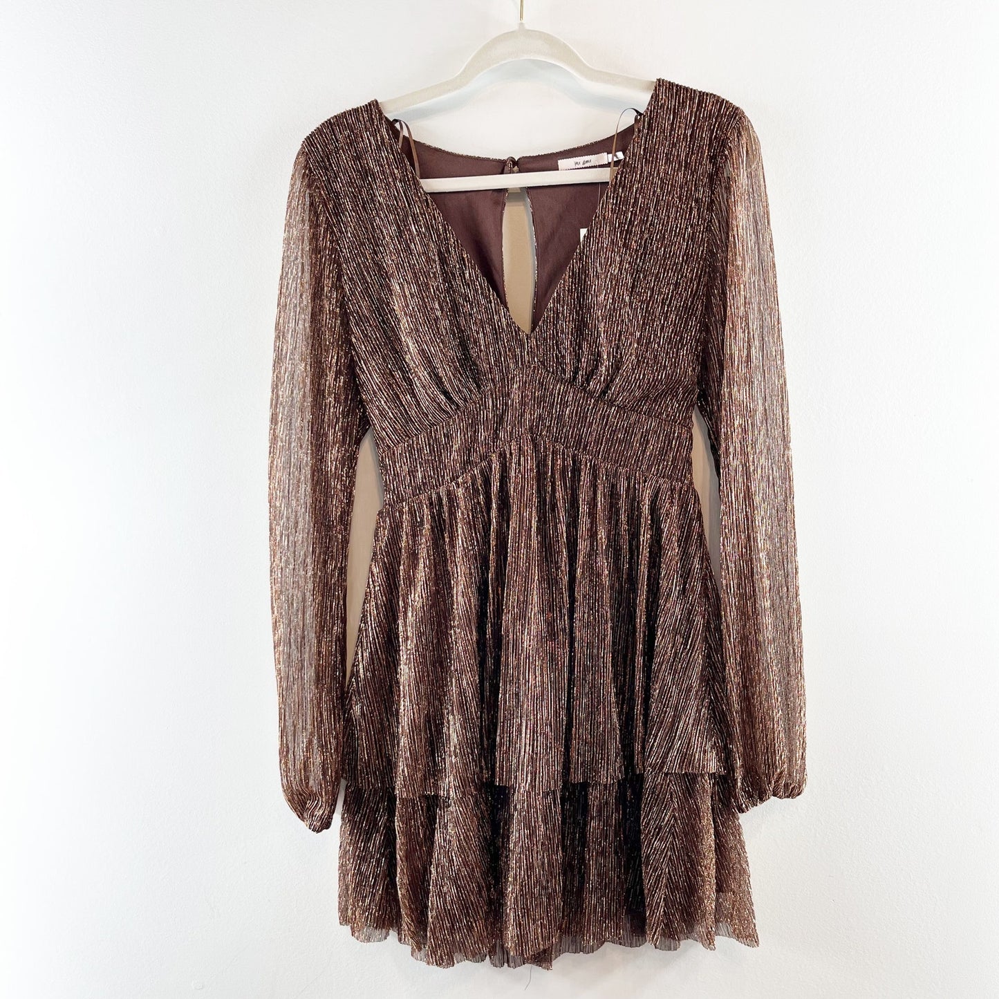 Mi Ami by Francesca's Josephine Shimmer V-Neck Mini Dress Metallic Copper Medium