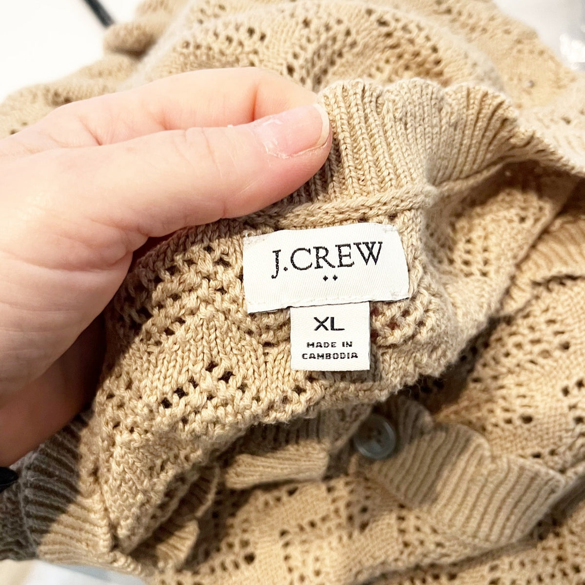 J. Crew Scalloped Pointelle Knit Cardigan Sweater Tan Beige XL