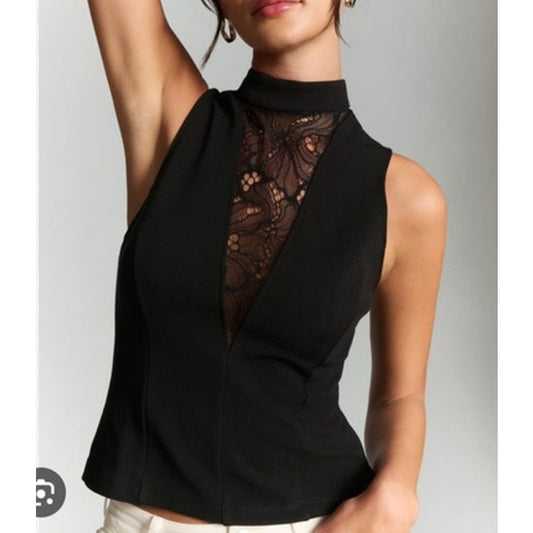 Anthropologie Sheer Lace Mock Neck Sleeveless Shell Tank Top Black Small