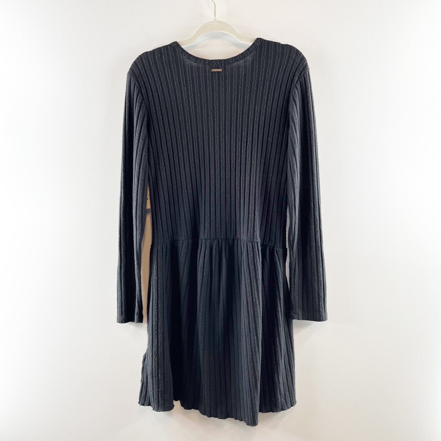 Billabong Always Lounging Long Sleeve Henley Neck Rib Mini Dress Black Medium