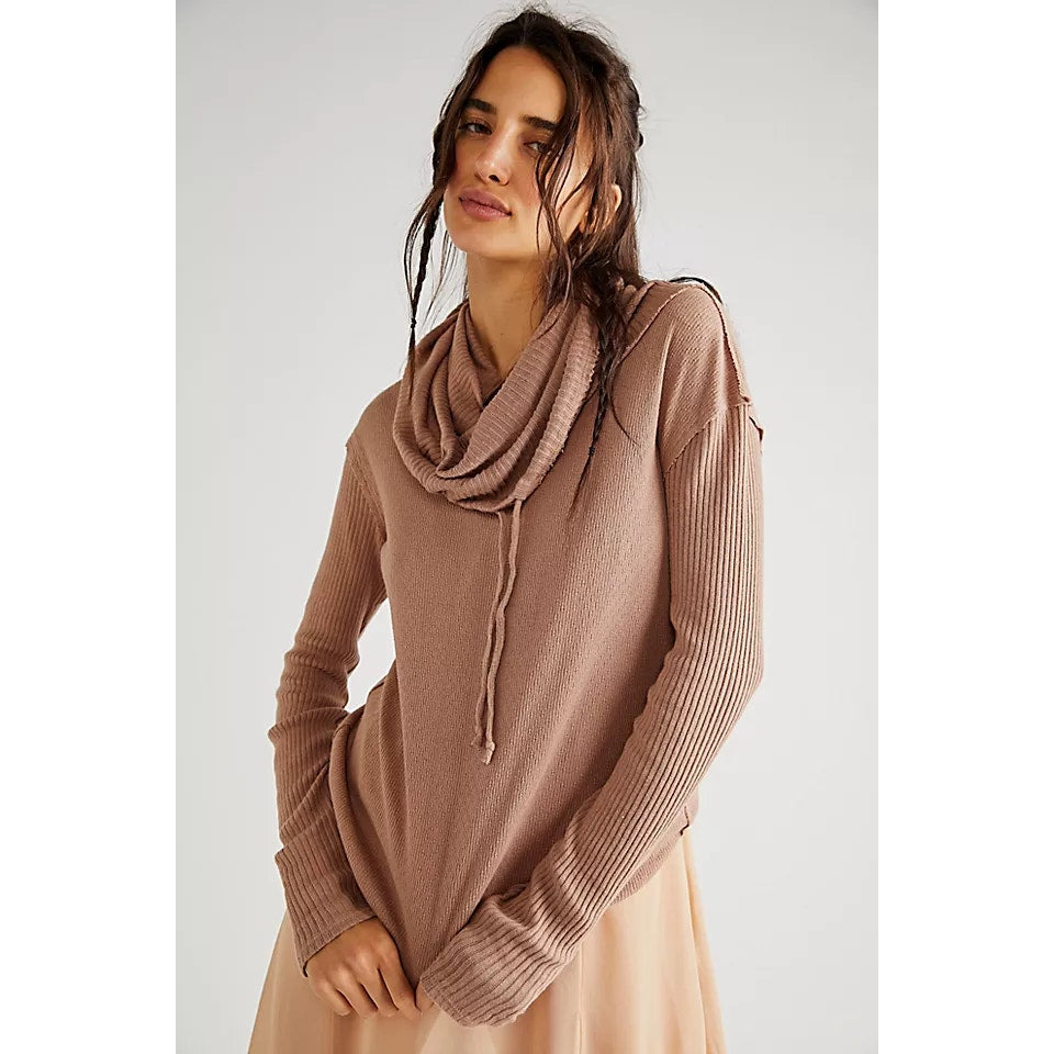 Free People Care FP Hot Peppers Textured Long Sleeve Cowl Neck Hoodie Tan XS