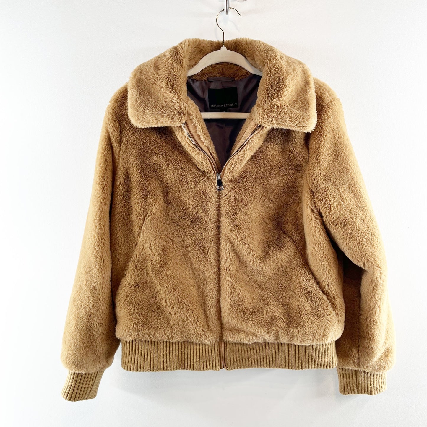 Banana Republic Full Zip Faux Fur Bomber Jacket Camel Brown Medium