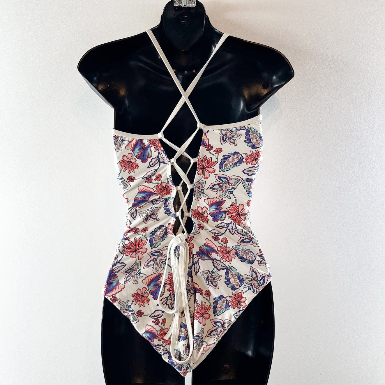 Ella Moss Folktale One Piece Plunge Tie Back Floral Swimsuit White Large