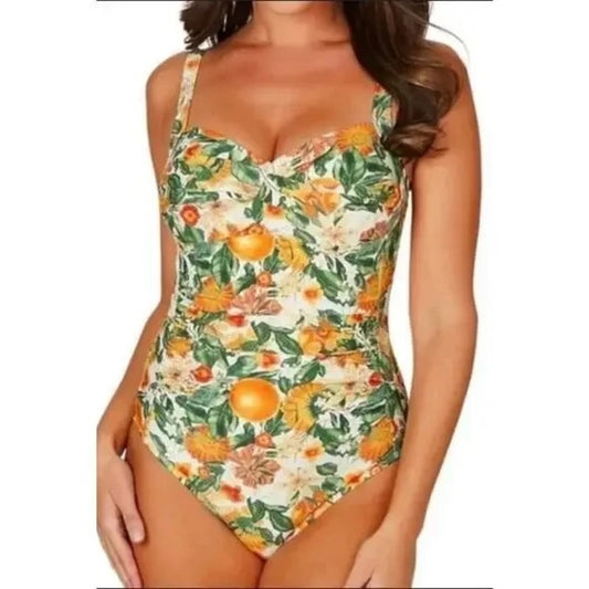 Niptuck Orange Citrus Joanne Twist Front Ruched One Piece Swimsuit Green Orange