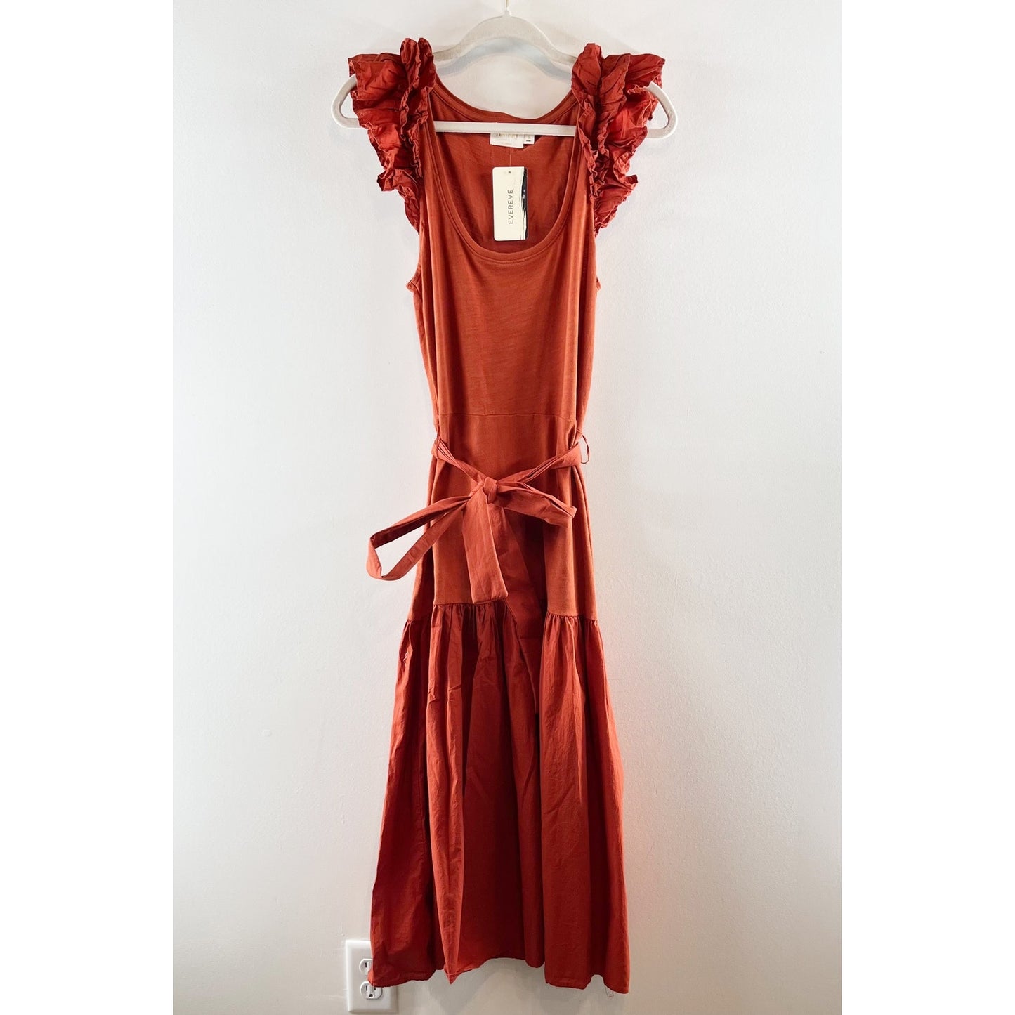 Nation LTD Everly Frilly Ruffle Strap Tiered Cotton Midi Dress Cayene Red Small