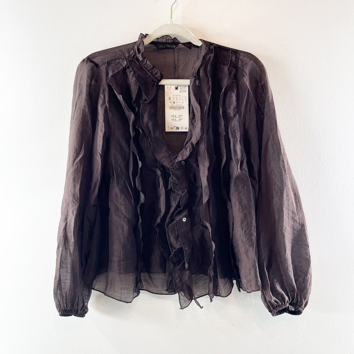 ZARA Long Sleeve Sheer Button Up Ruffle Blouse Chocolate Brown Small