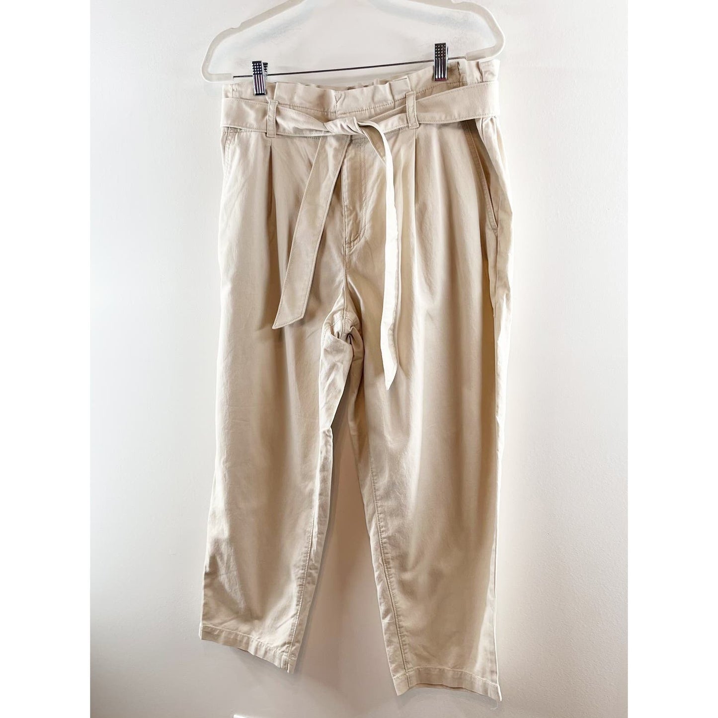 Loft Paperbag High Waisted Belted Tapered Straight Leg Pants Khaki Tan 14
