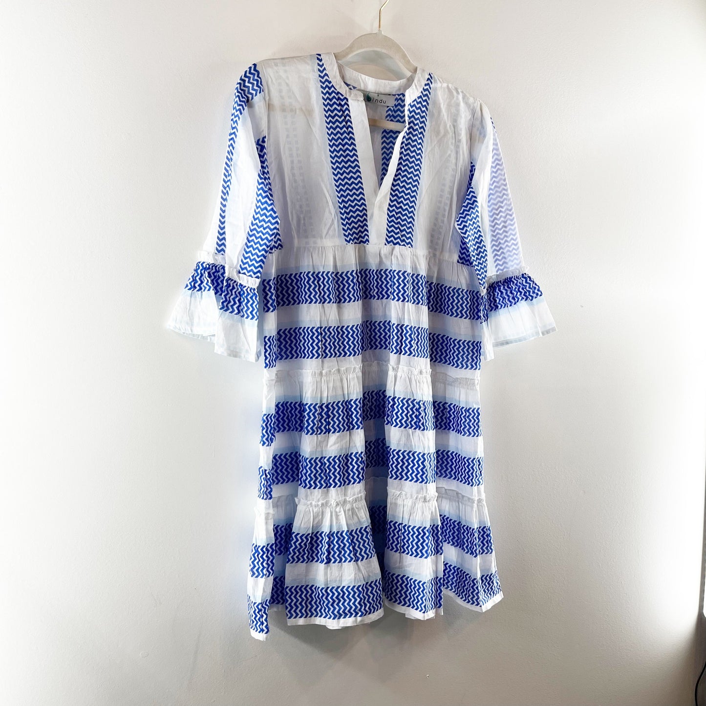 Bindu Elbow Length Sleeve Striped Ruffle Hem Mini Dress White Blue Small