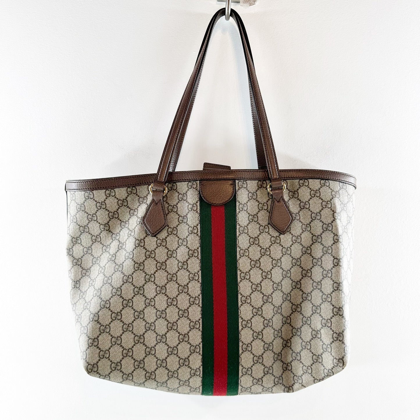 Gucci Ophidia GG Web Stripe Medium Tote Bag Beige Tan and Ebony