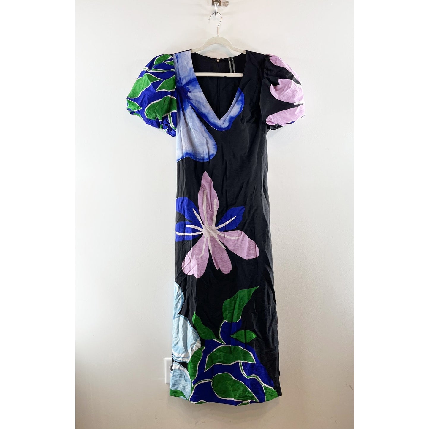 Anthropologie Puff Sleeve Floral A Line Maxi Dress Black Medium