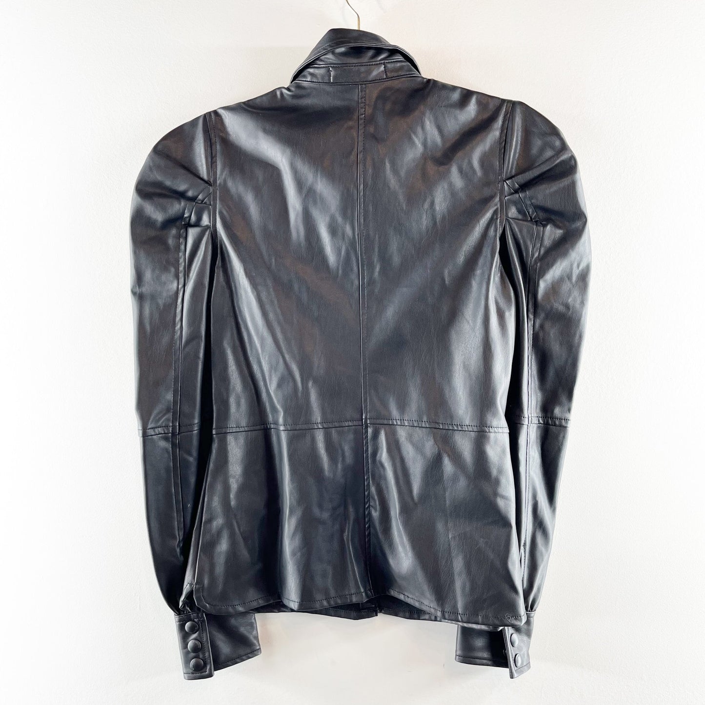 Blank NYC Puff Sleeve Faux Leather Snap Button Front Shirt Black XS