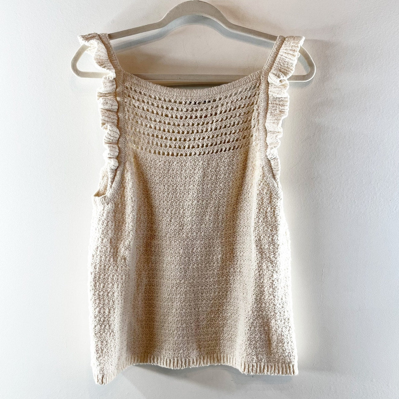 Madewell Sleeeveless Ruffled Strap Crochet Sweater Tank Top Marled Vanilla XL