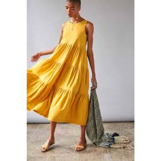 by Iris Sleeveless Cotton Tiered Swing Babydoll Midi Dress Yellow Medium