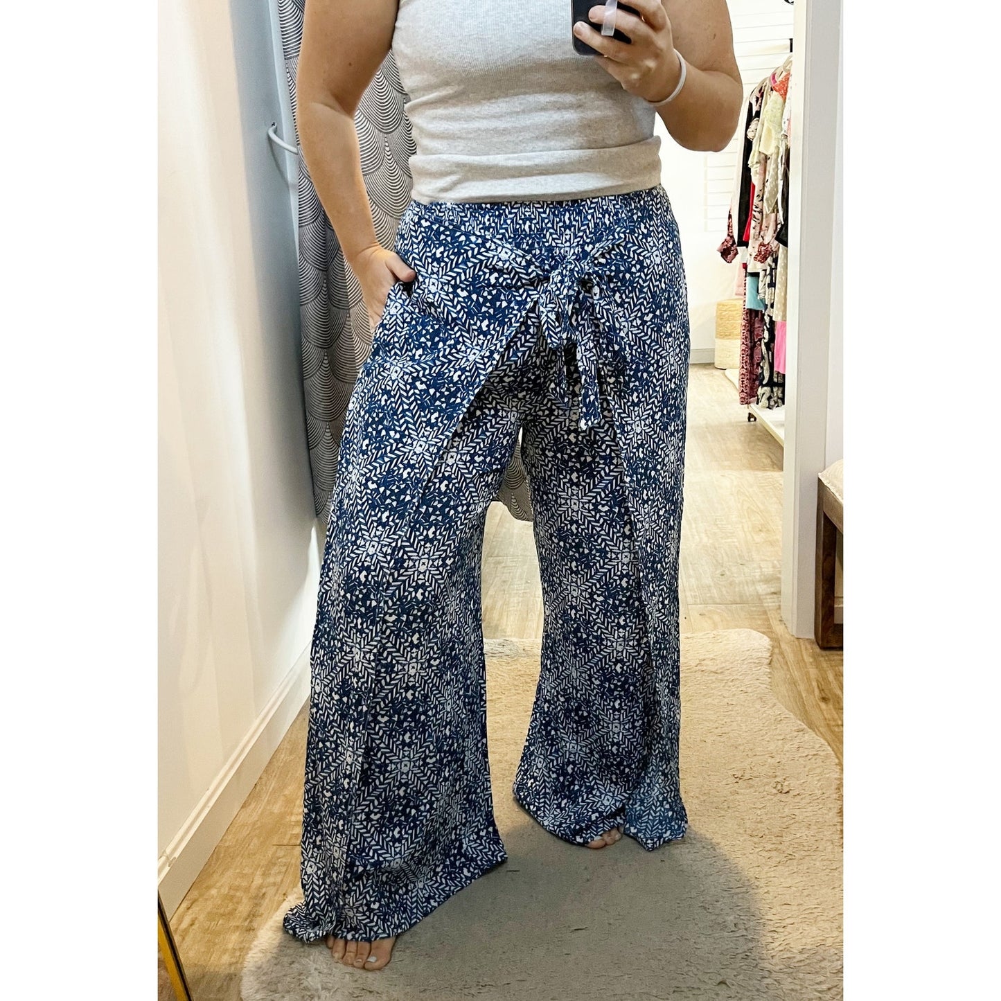 J. McLaughlin Printed Wrap Front Wide Leg Causal Pants Blue Large