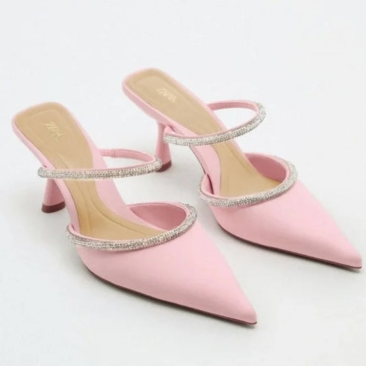 ZARA Pointed Toe Rhinestone Trim Mule Kitten Heel Shoes Pink 40 / 10