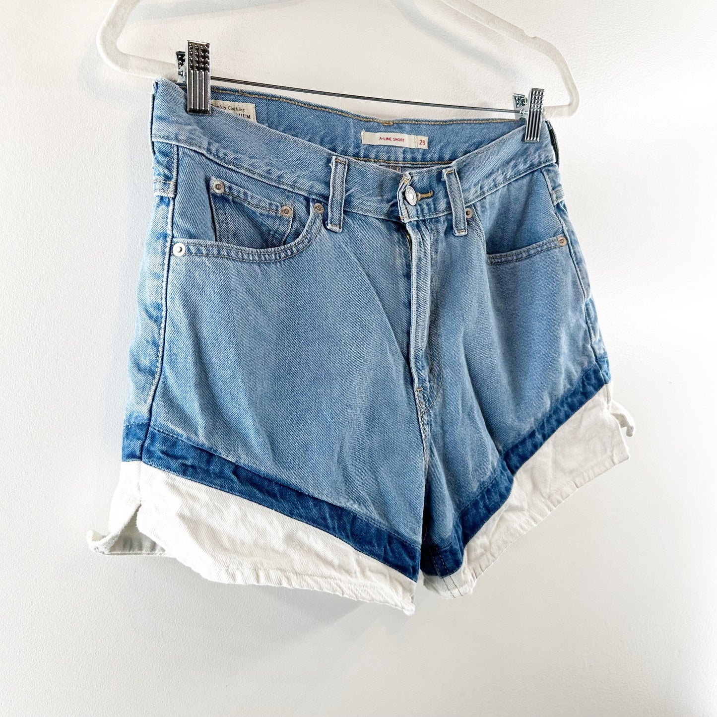 Levi's HIgh Rise Tri Tone Colorblock A Line Mom Shorts Denim Jean Blue 29