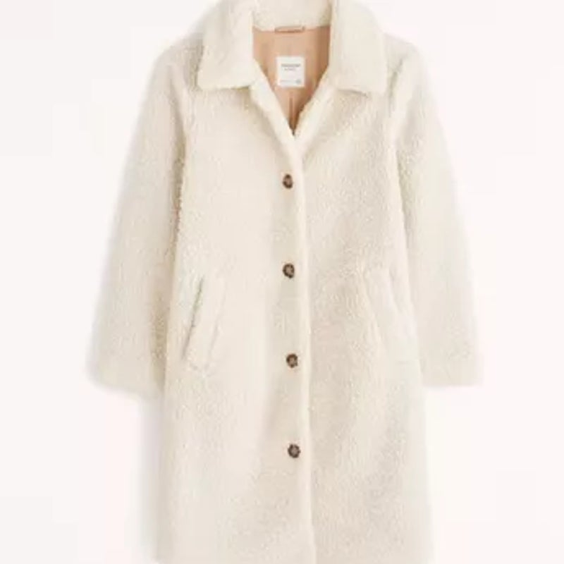 Abercrombie & Fitch Long Sleeve Mid-Length Sherpa Fleece Teddy Coat Cream Medium