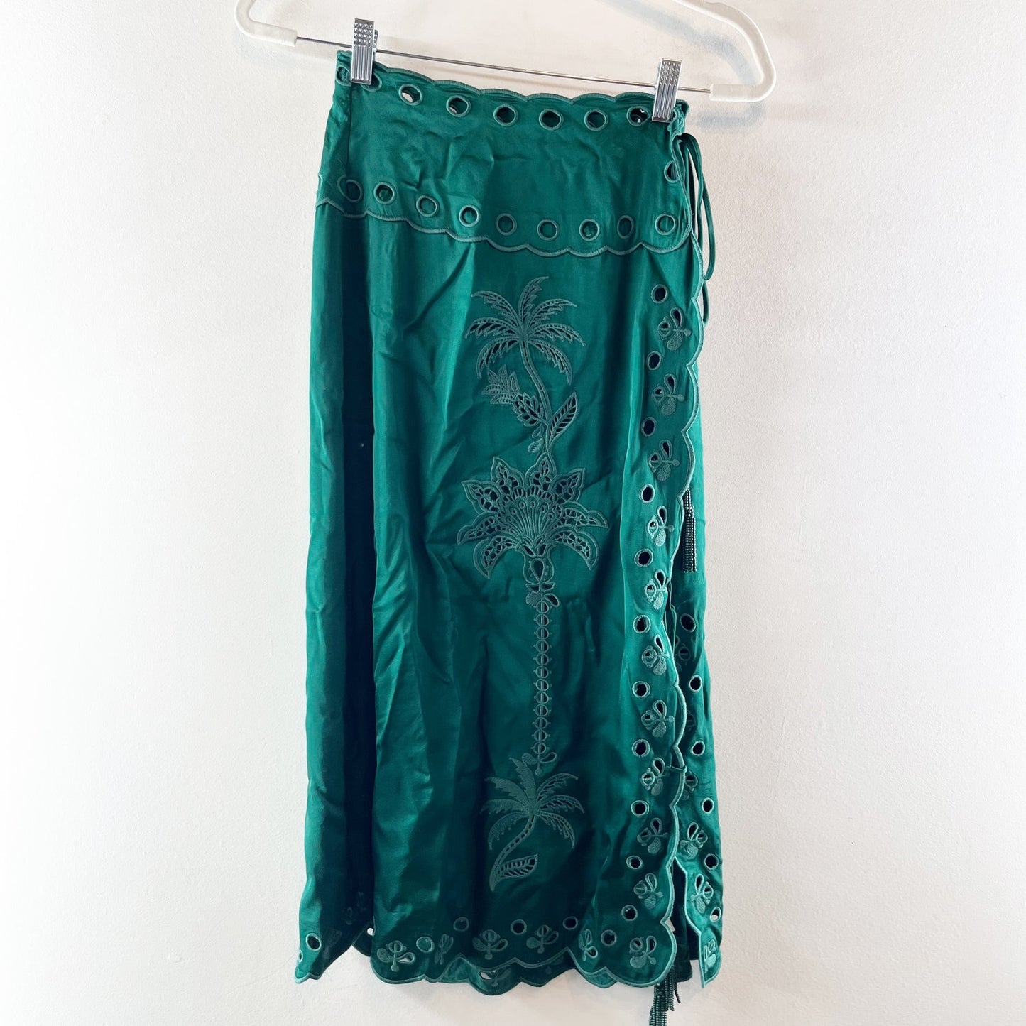 Farm Rio Richilieu Broderie Anglaise Satin Wrap Midi Skirt Green XS