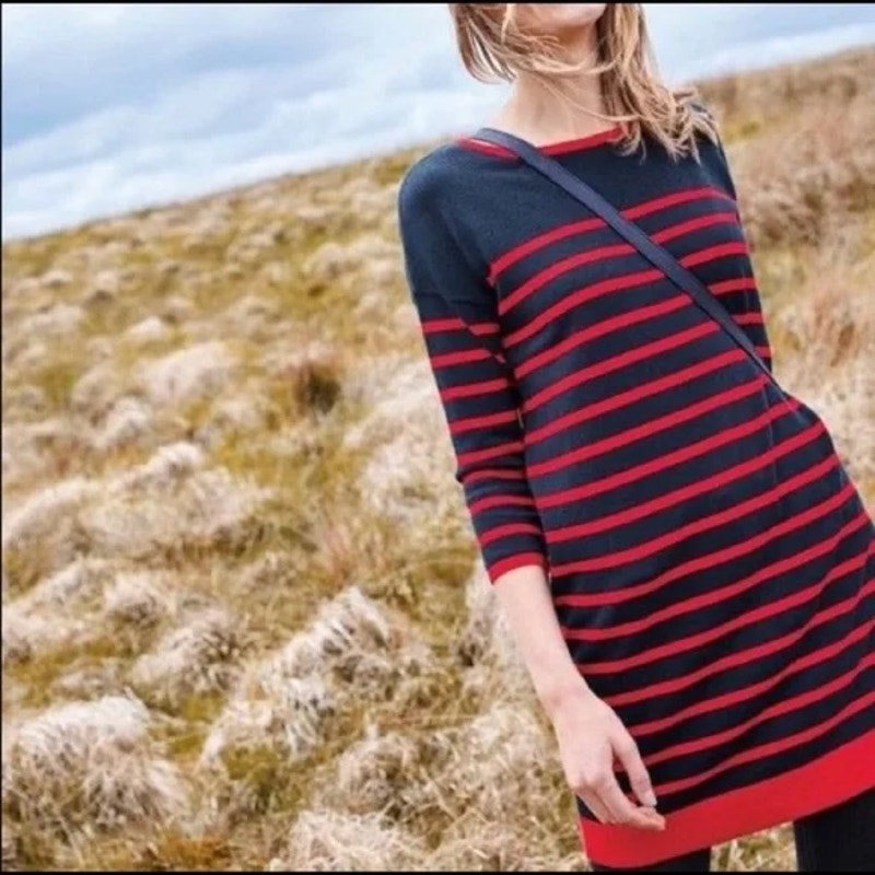 Boden Millie Striped 3/4 Sleeve Wool Blend Mini Shift Dress Red Navy Blue XS